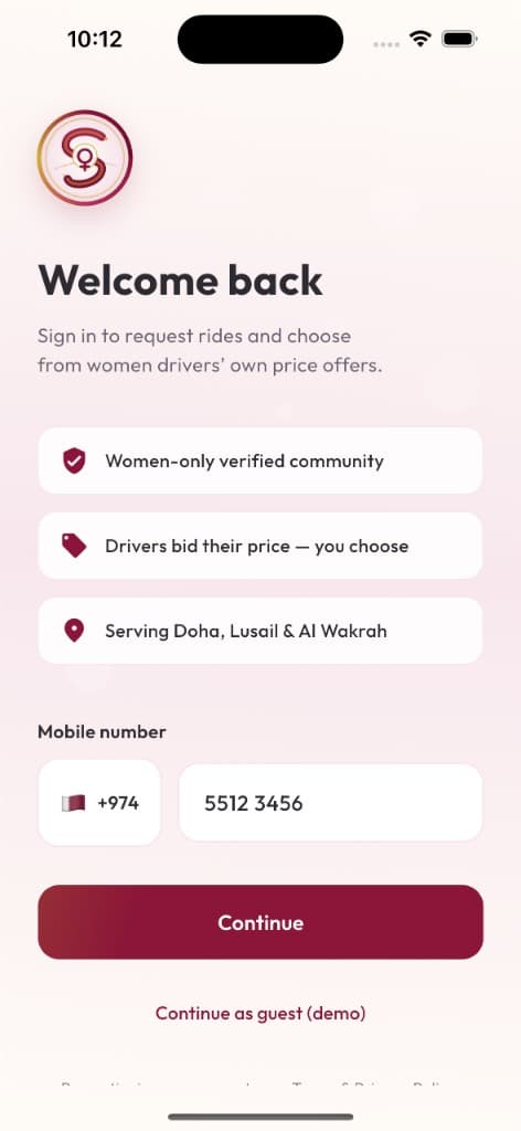 Safar Qatar welcome screen with driver bidding and Qatar mobile sign-in