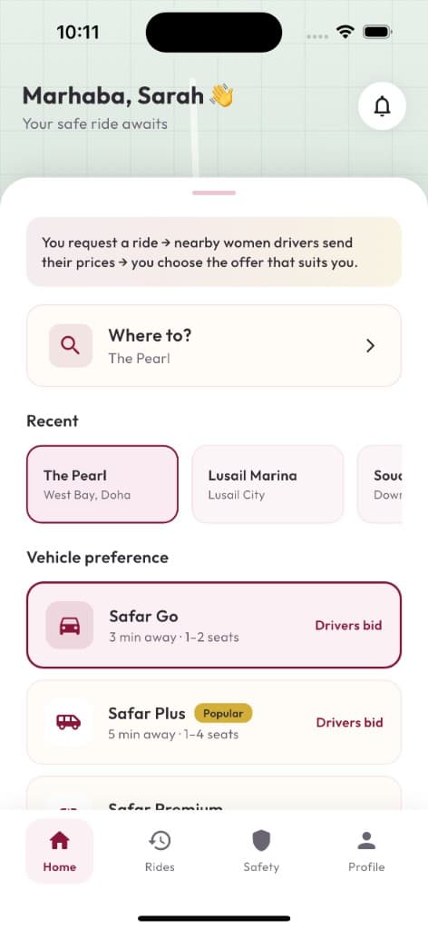 Safar Qatar home — request a ride and choose from driver price bids