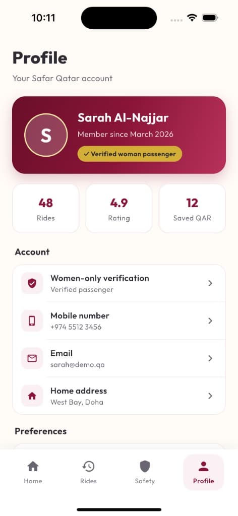 Safar Qatar profile — verified woman passenger account
