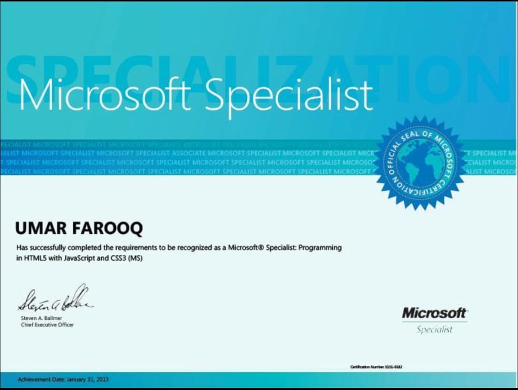 Microsoft Specialist — Programming in HTML5 with JavaScript and CSS3 certificate awarded to Umer Farooq