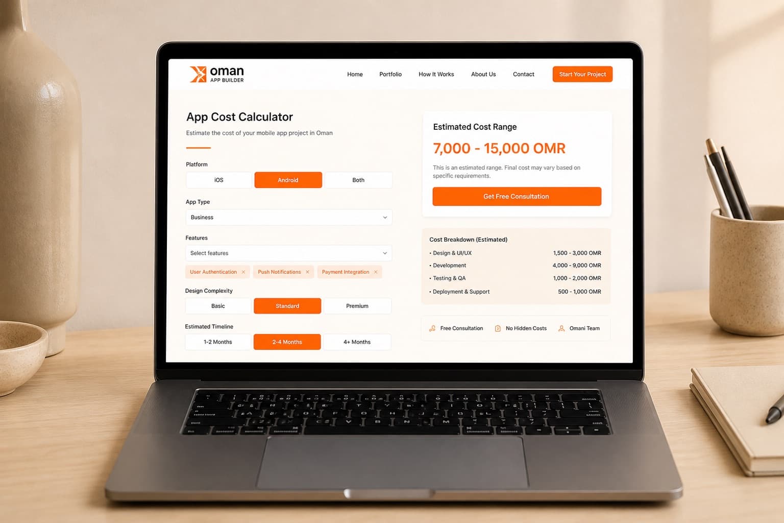 Cost calculator widget for estimating business app development budget in Oman