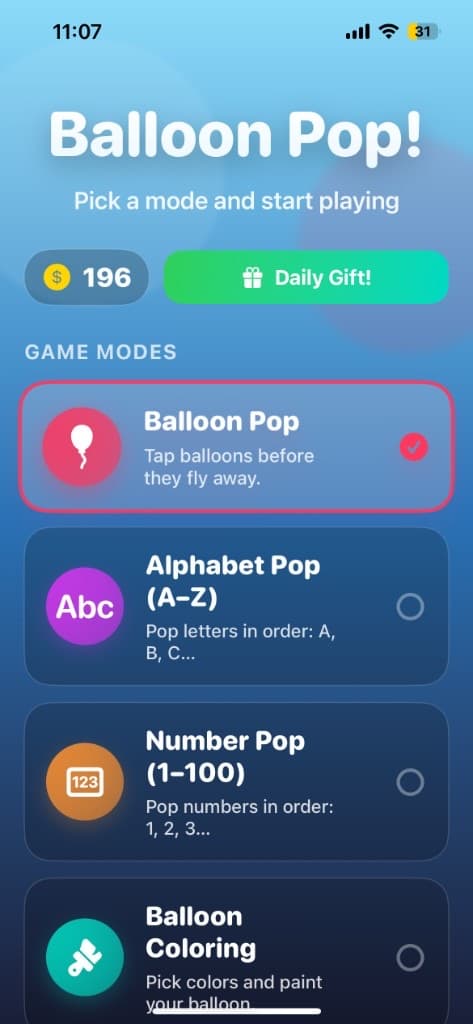 Balloon Pop mode picker with alphabet, numbers, and play options