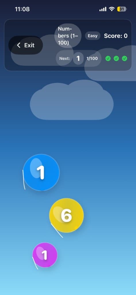 Balloon Pop Numbers mode popping numbered balloons