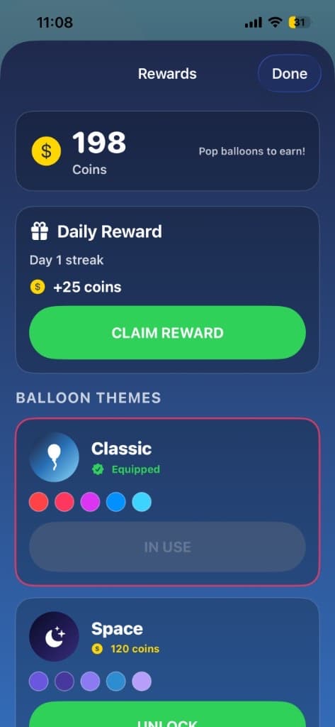 Balloon Pop rewards screen with coins and balloon themes