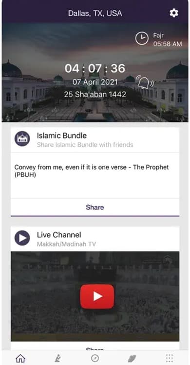 Islamic Bundle home with prayer countdown, share card, and live Makkah channel
