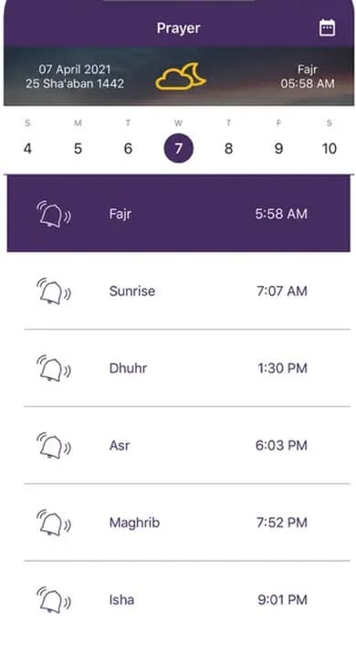 Islamic Bundle prayer times list with date strip and Fajr highlighted