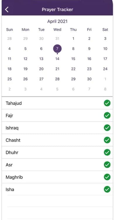 Islamic Bundle prayer tracker calendar with completed salah checklist