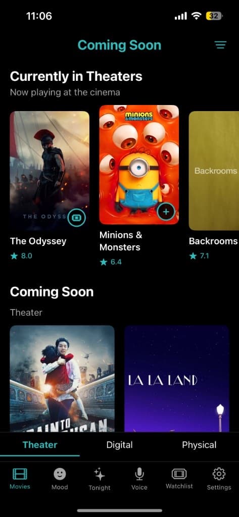 Movie Time coming soon and now in theaters discovery screen on iPhone