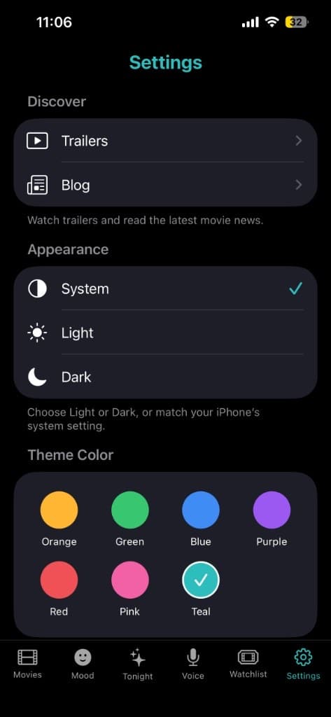 Movie Time settings with appearance and teal theme color options