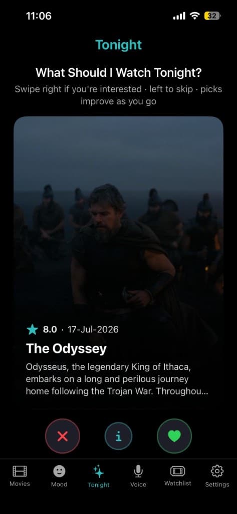 Movie Time Tonight swipe recommendations for what to watch on iPhone