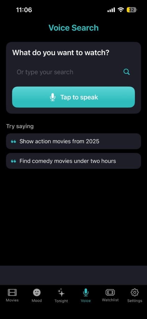 Movie Time voice search screen with tap-to-speak on iPhone