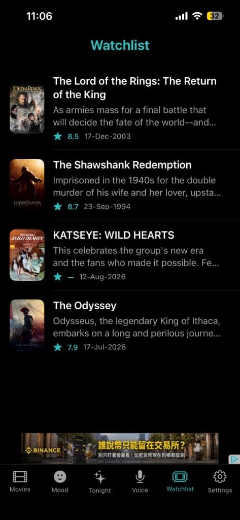 Movie Time watchlist with saved films, ratings, and posters on iPhone