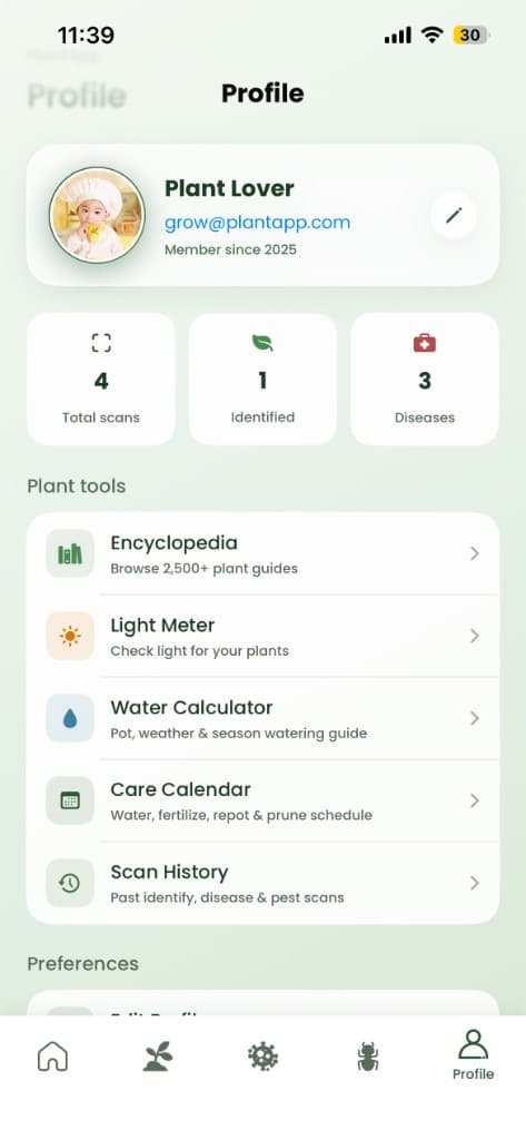 PlantDoctor profile with scan stats and plant tools on iPhone