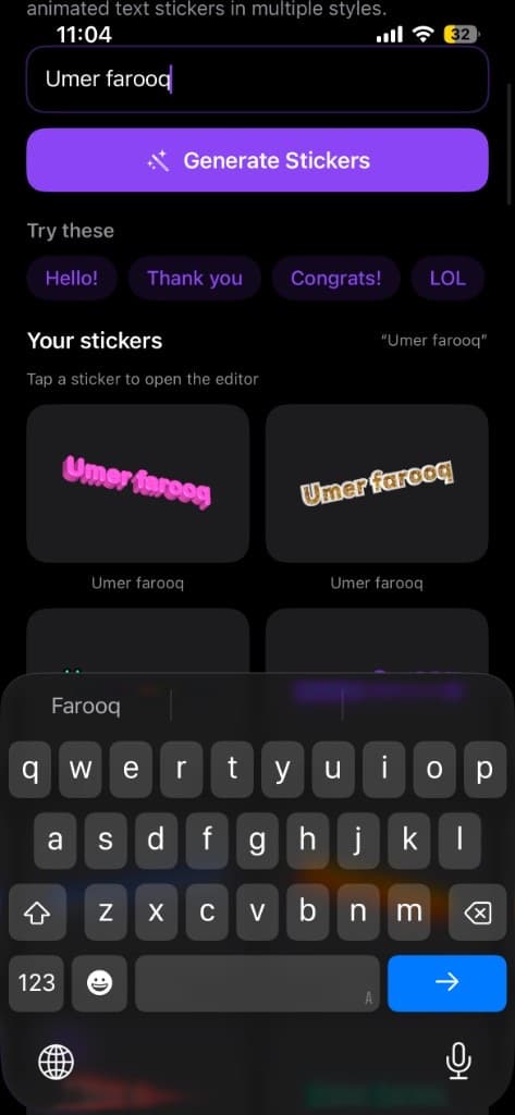 إنشاء ملصقات من نصوص مثل الأسماء والتحيات على iPhone
