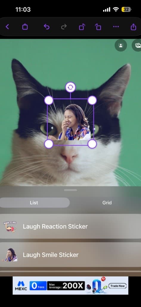 محرر الملصقات مع طبقات صور ومقابض تحويل على iPhone