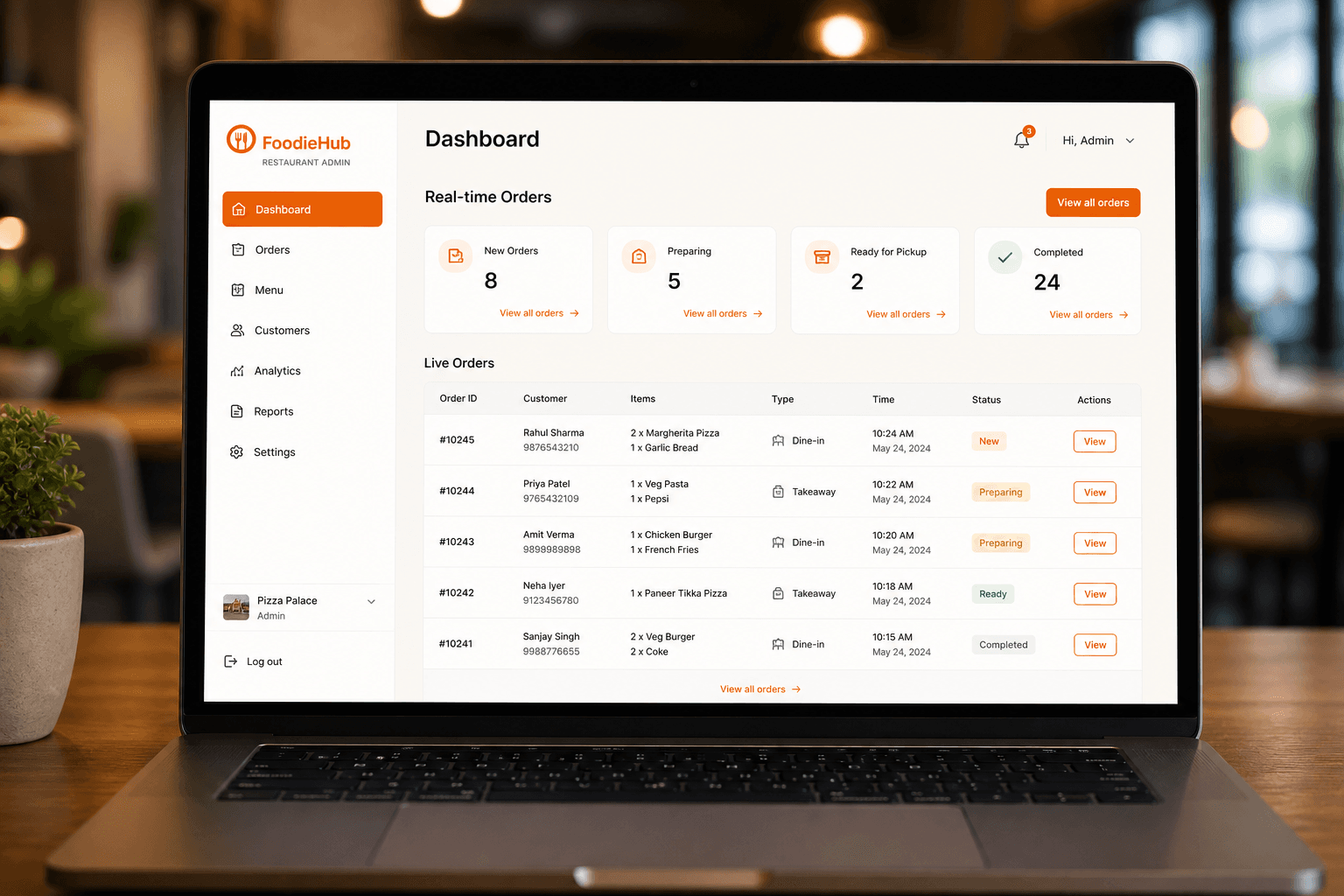 Admin dashboard showing real-time restaurant orders