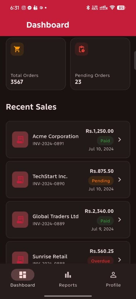 Sales Management dark mode dashboard with recent sales