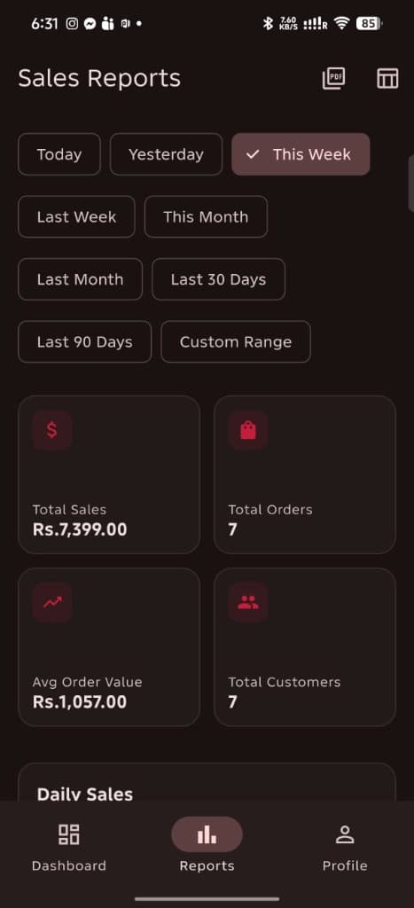 Sales reports with date filters and metrics