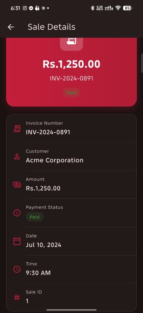 Sale details invoice screen