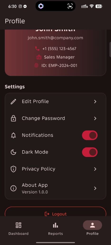 Profile and settings screen