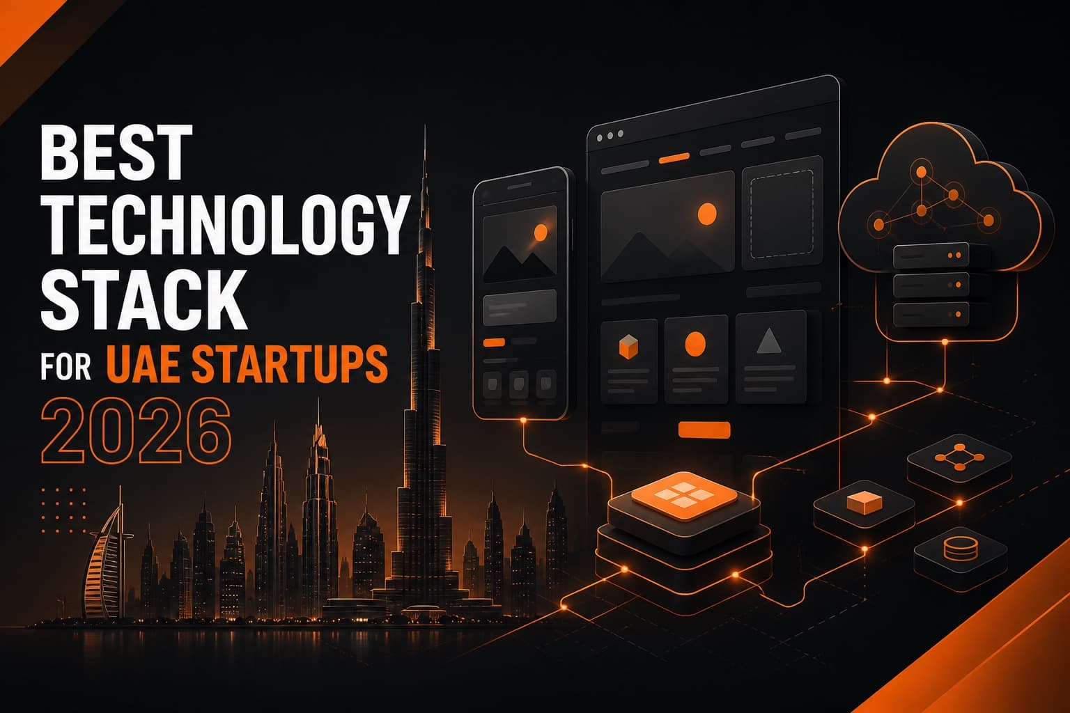Best technology stack for UAE startups — layered mobile, web, and cloud stack visual