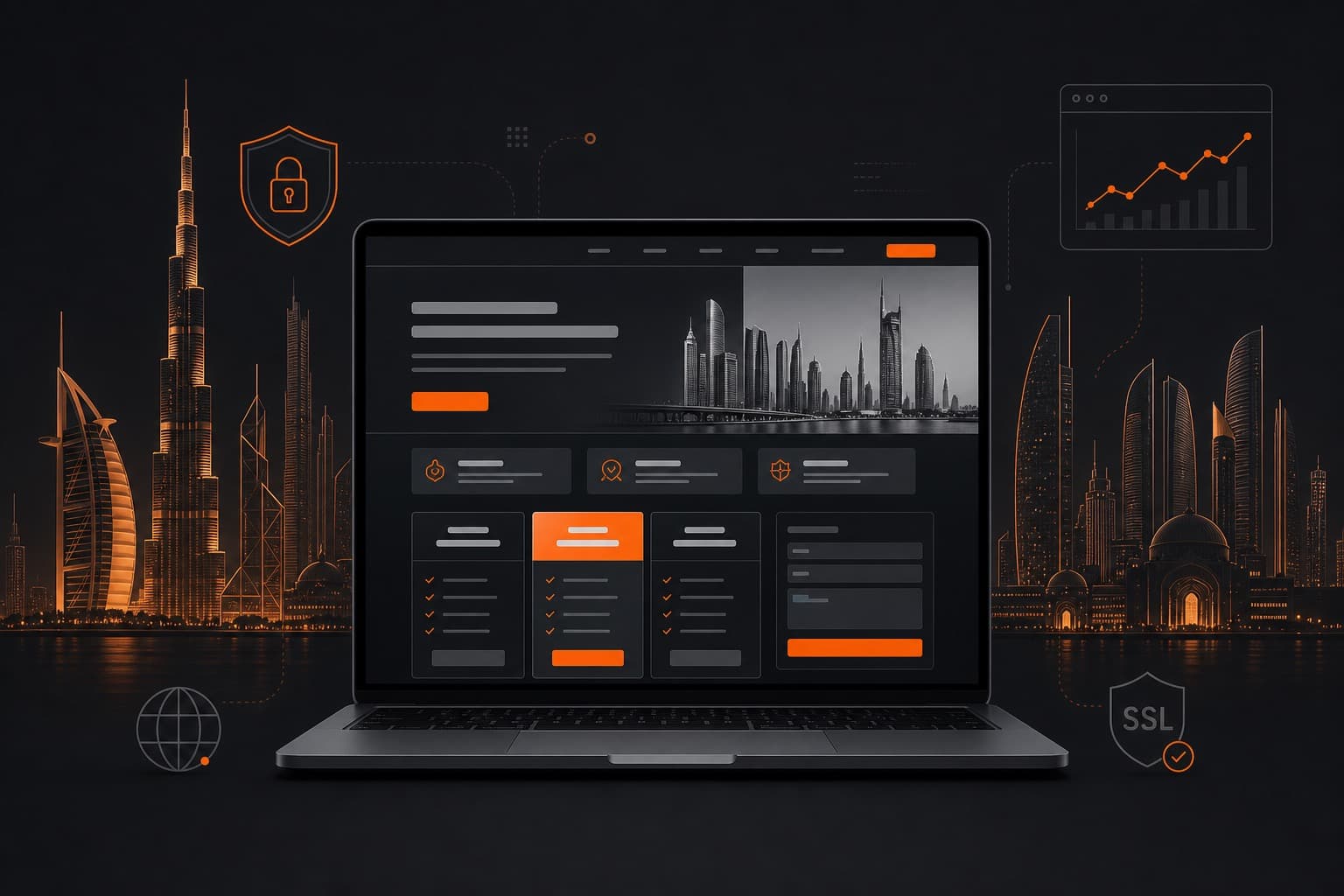How much does a business website cost in UAE — SME website pricing and laptop wireframe visual