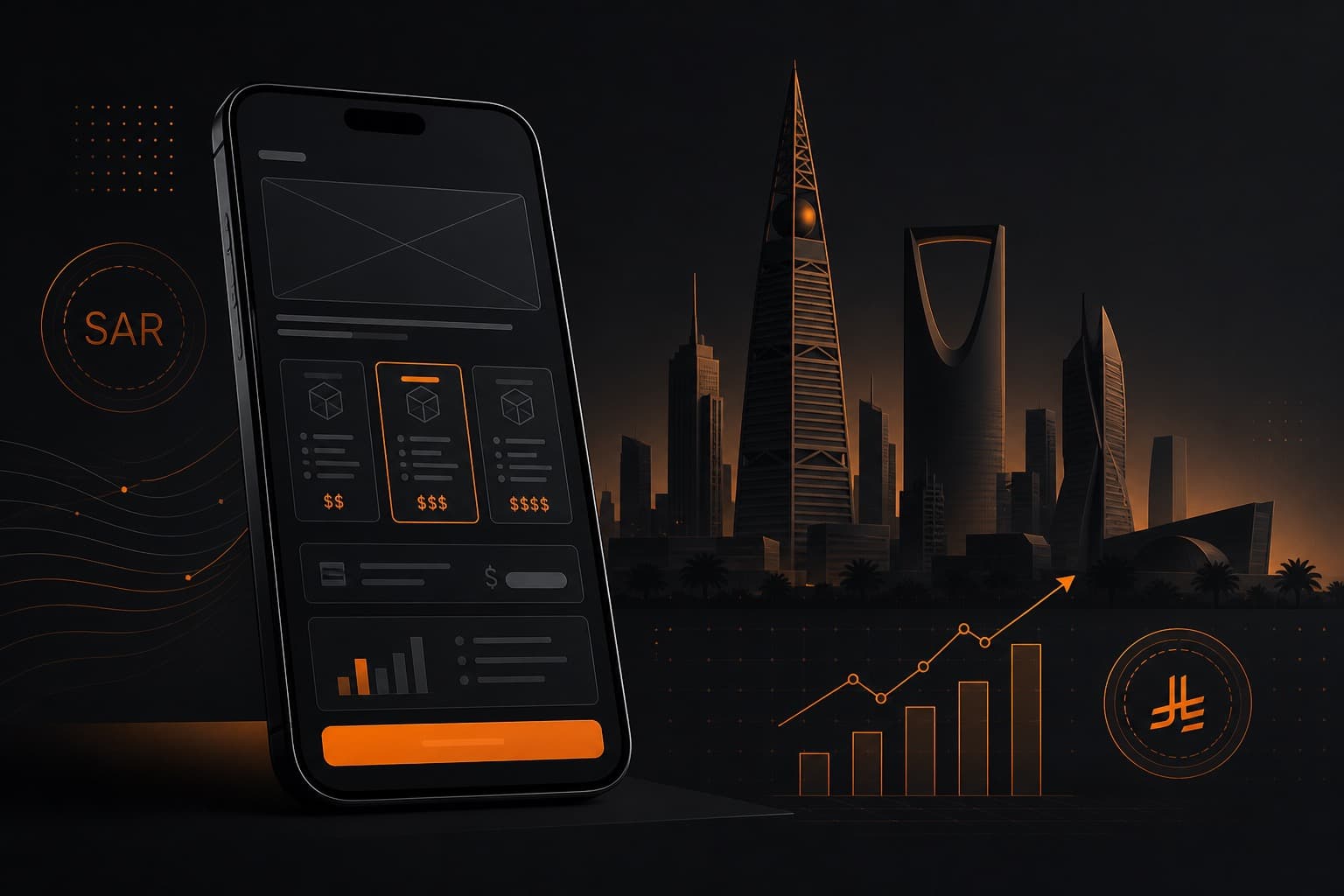 Mobile app development cost in Saudi Arabia — smartphone pricing guide with Riyadh skyline motif