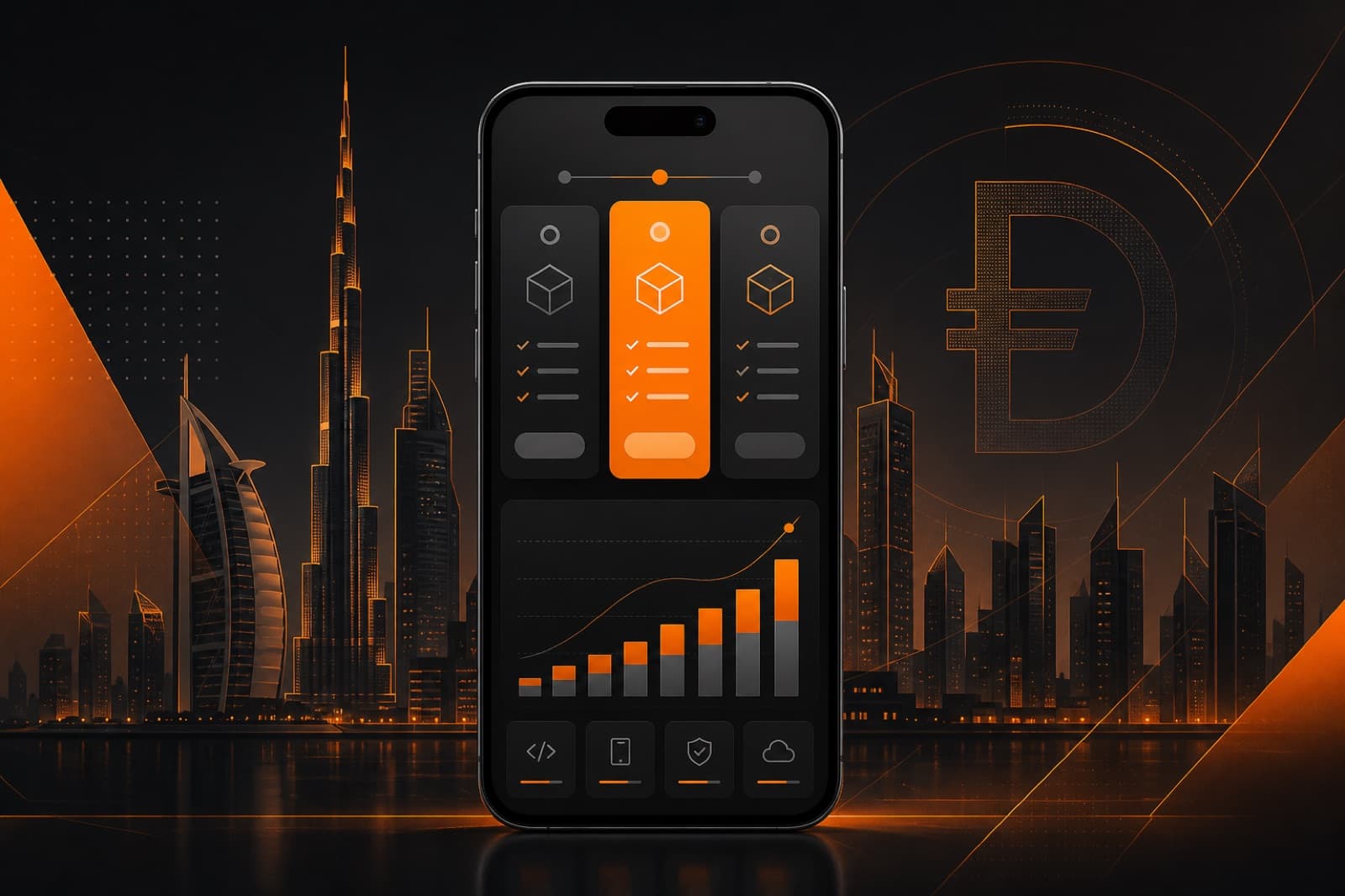 Mobile app development cost in Dubai 2026 — smartphone pricing guide with Dubai skyline mood
