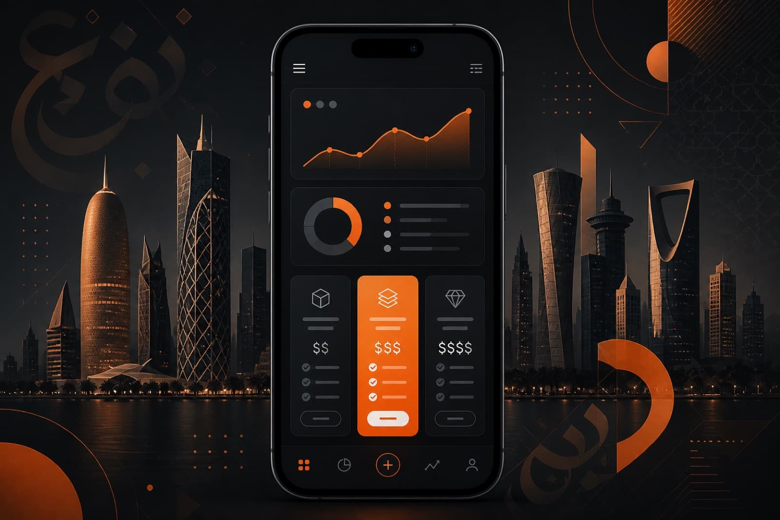 Mobile app development cost in Qatar 2026 — smartphone and Doha skyline pricing guide cover