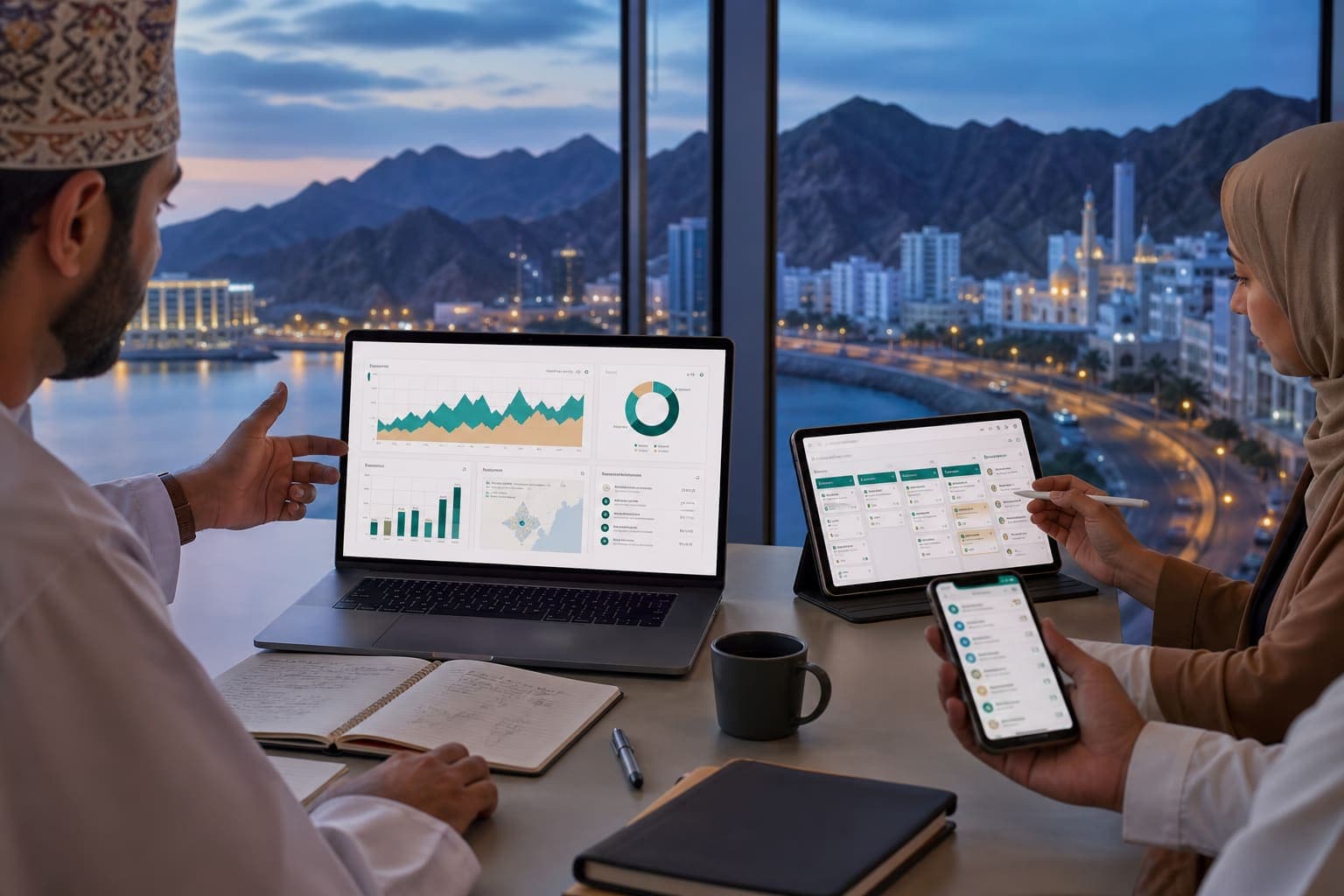 Digital transformation for Oman businesses — Muscat skyline with connected business dashboards and CRM tools