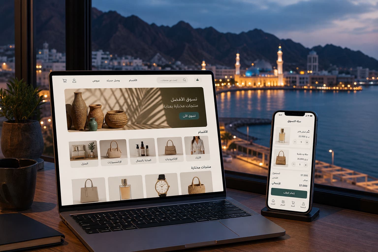 eCommerce development in Oman — Muscat coastline with bilingual online store checkout on laptop and phone