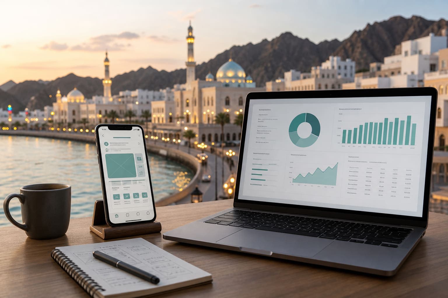 Mobile app development cost in Oman — Muscat waterfront with smartphone app wireframes and cost planning visuals