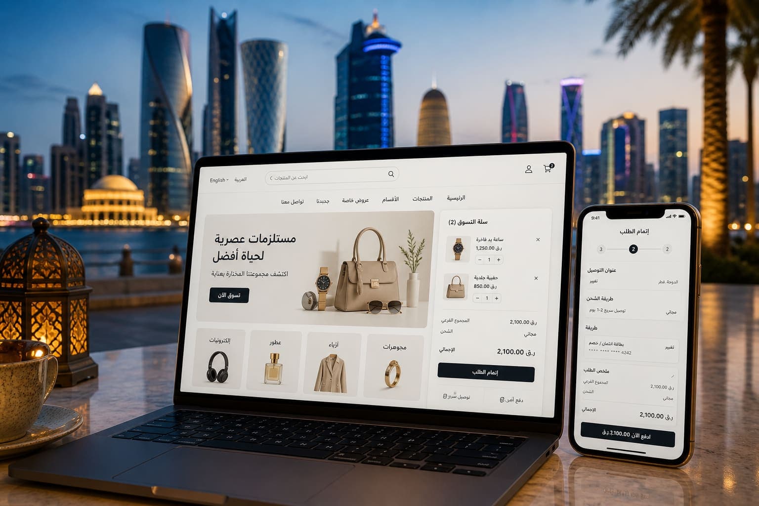 eCommerce development in Qatar — Doha skyline with modern bilingual storefront checkout on laptop and phone