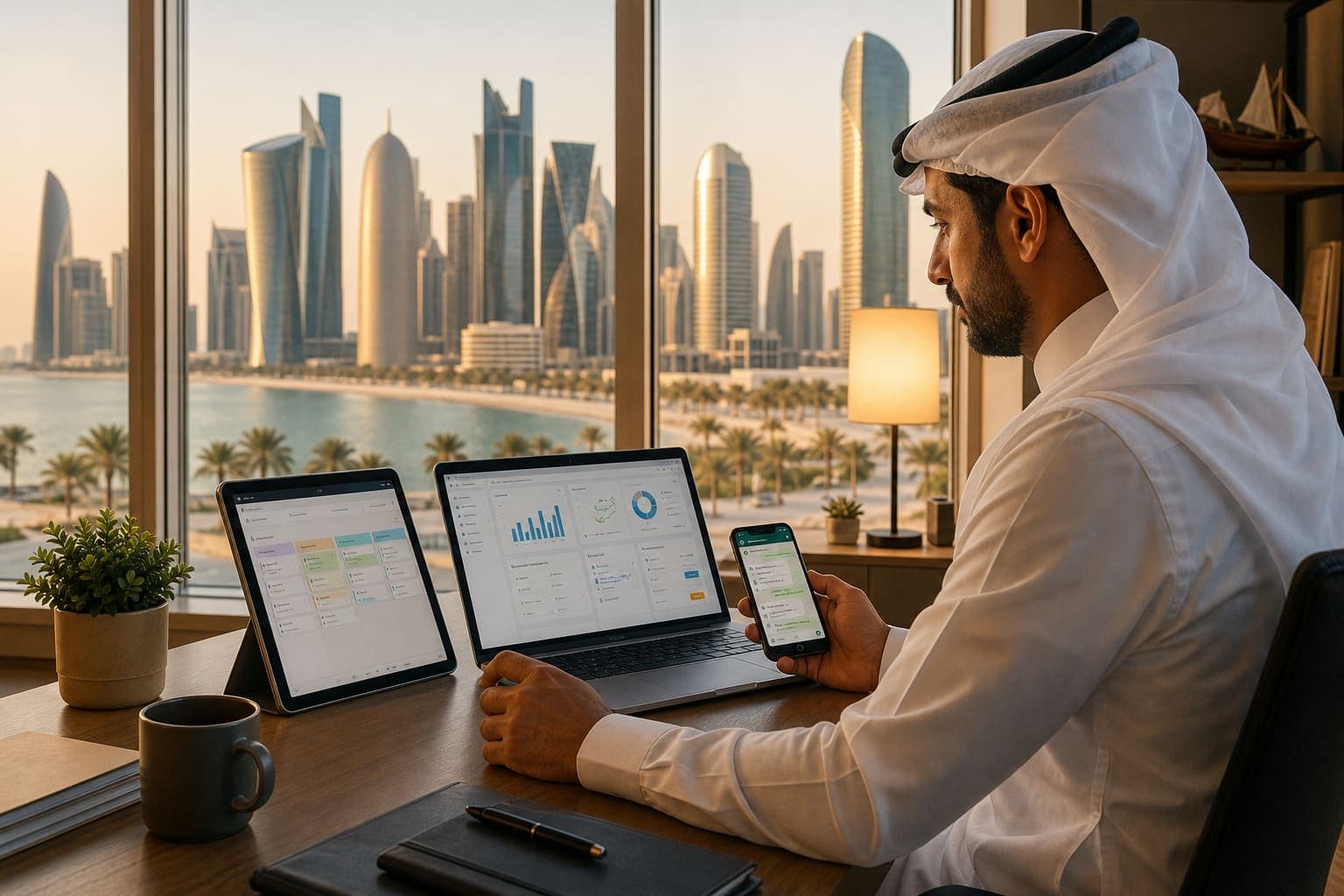 Digital transformation for Qatar SMEs — Doha skyline with SME owner using business dashboards and CRM tools