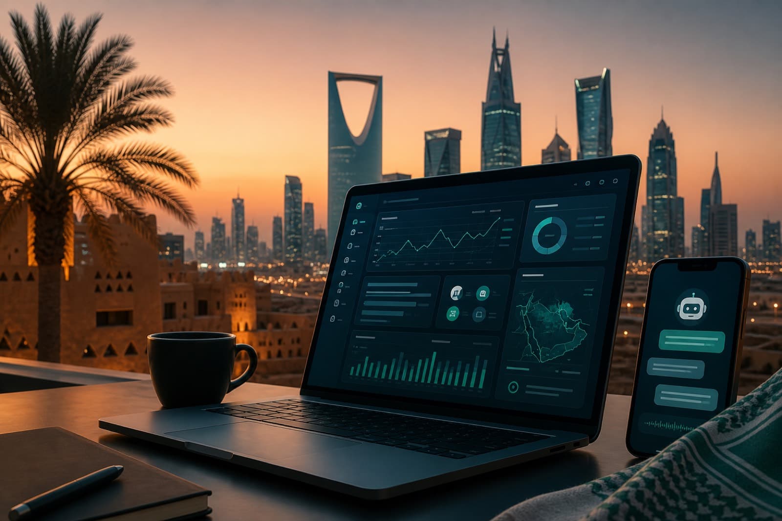 How businesses in Saudi Arabia can use AI — analytics dashboards with Riyadh skyline motif
