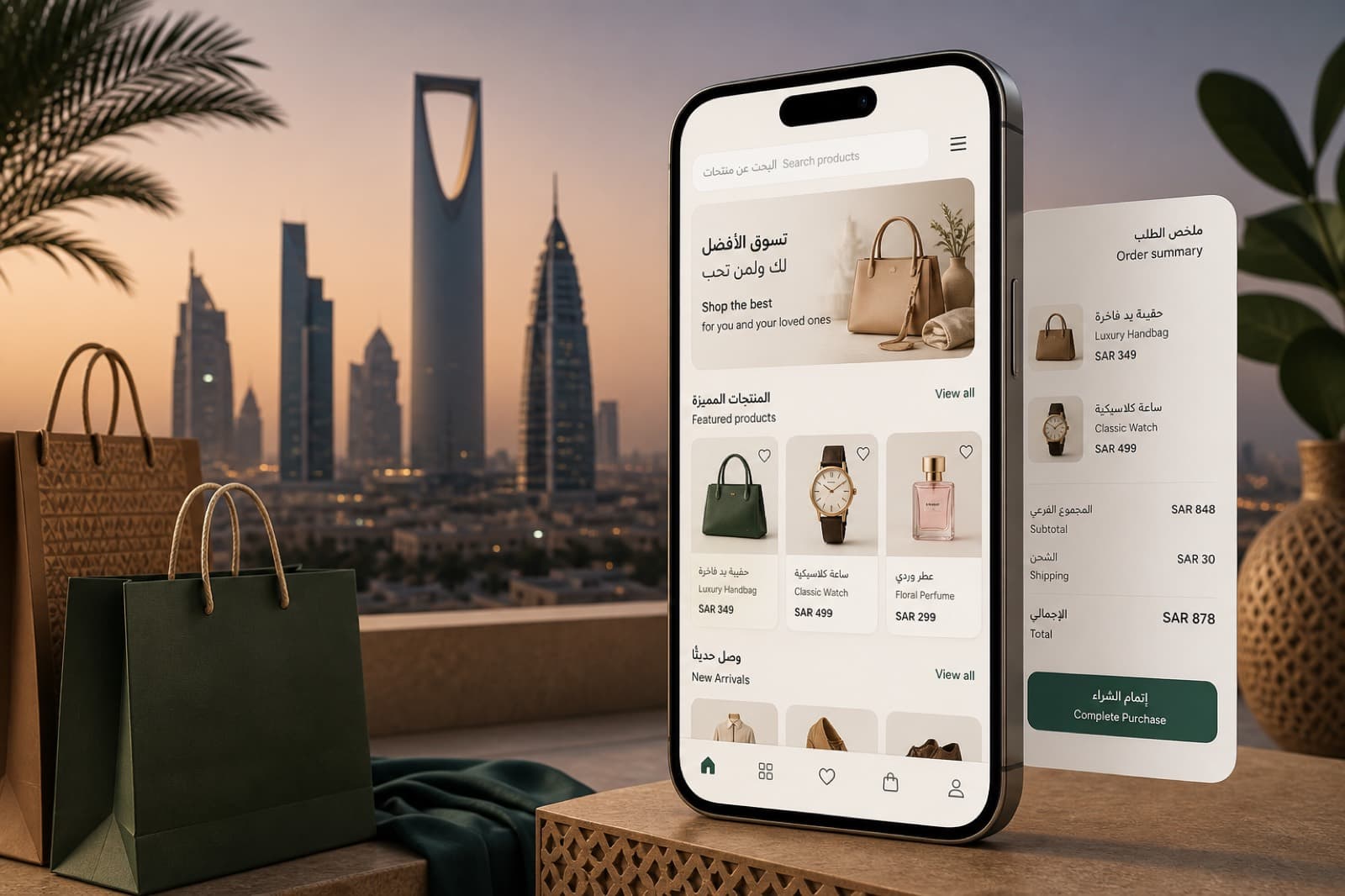 How to build a Saudi eCommerce app — smartphone shopping interface with Riyadh skyline motif