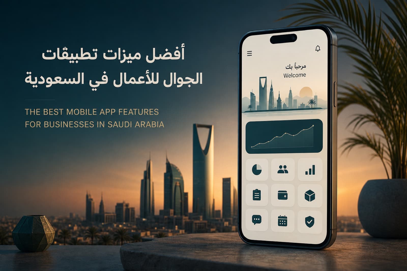 Best mobile app features for Saudi businesses — smartphone feature dashboard with Riyadh skyline motif