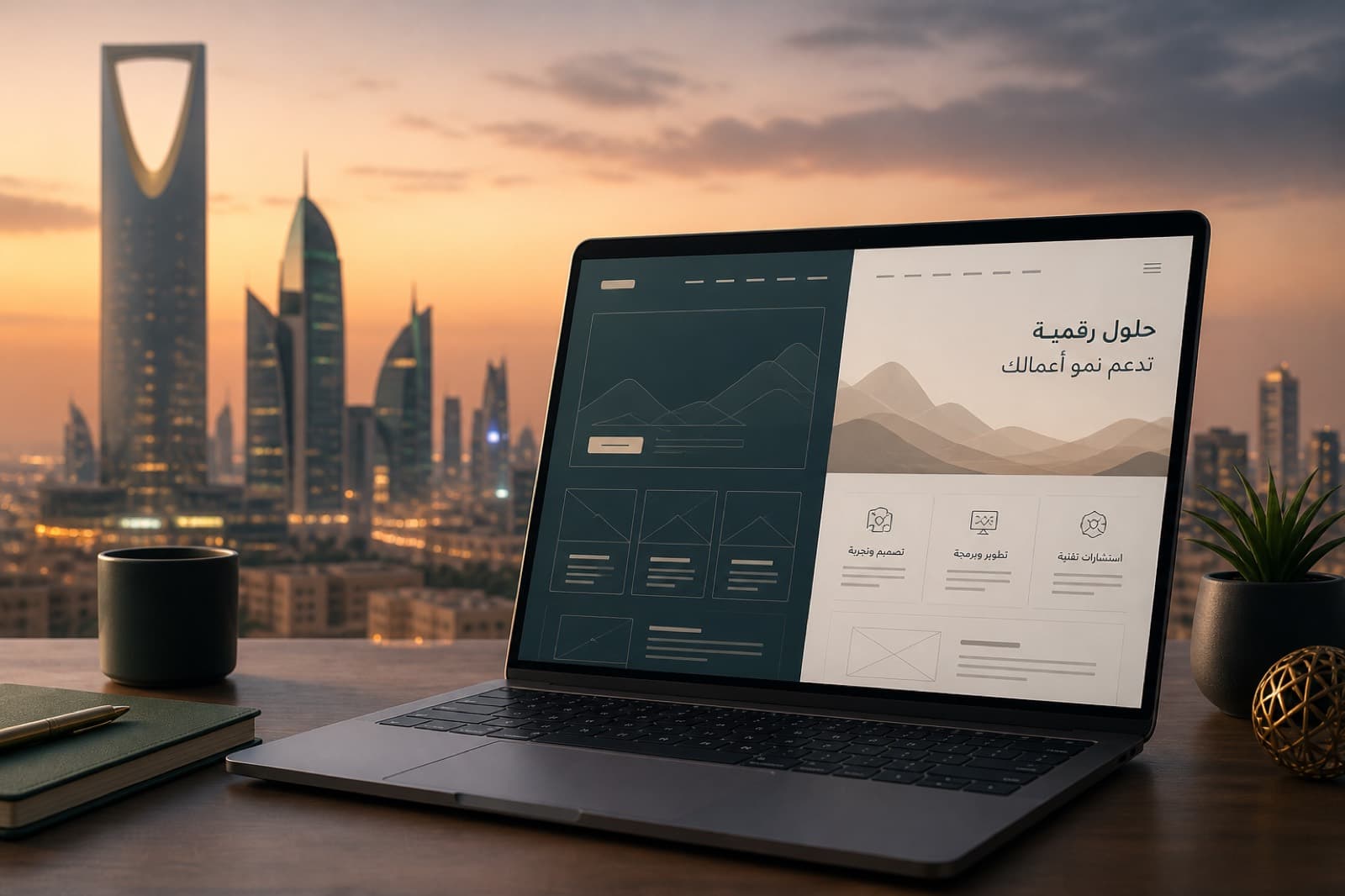 How much a website costs in Saudi Arabia in 2026 — laptop website wireframe with Riyadh skyline motif