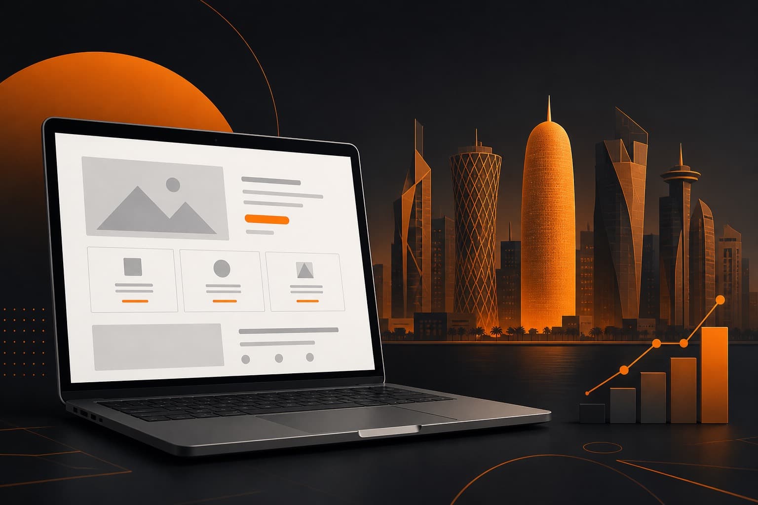 Website development cost in Doha — laptop website wireframe with Doha skyline motif