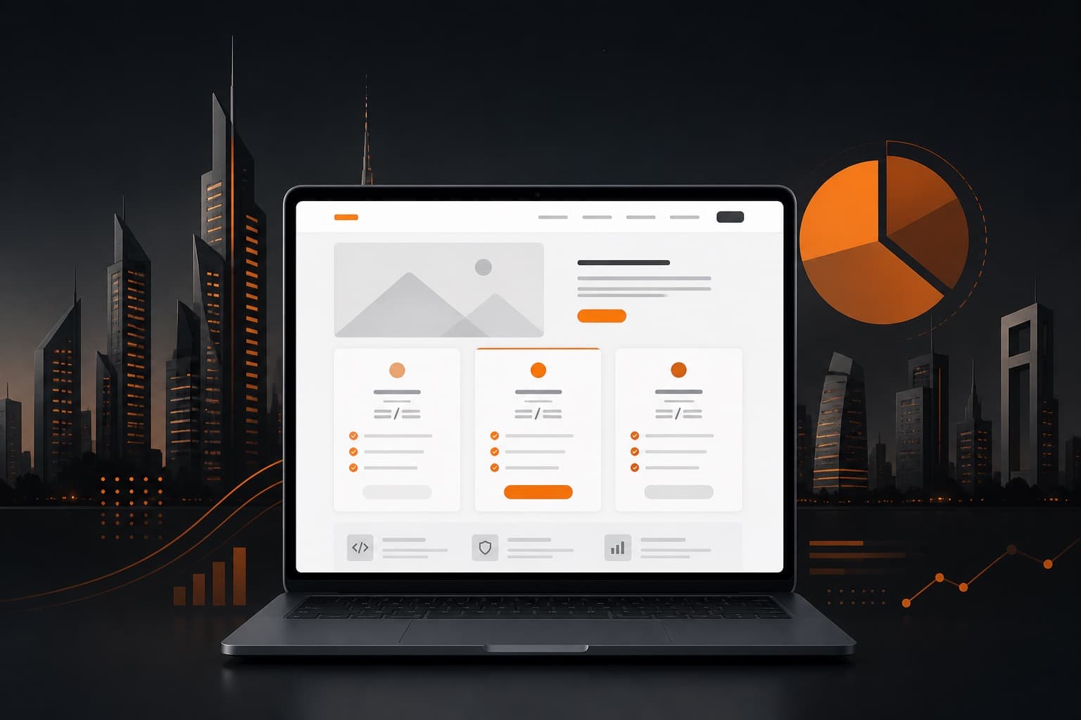Website development cost in Dubai — laptop wireframe and pricing mood with Dubai skyline motif