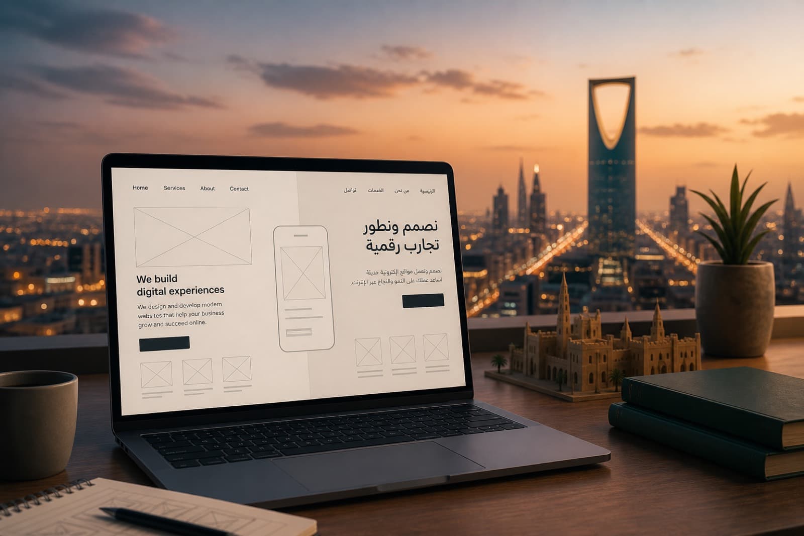 Website development cost in Riyadh — laptop website wireframe with Riyadh skyline motif