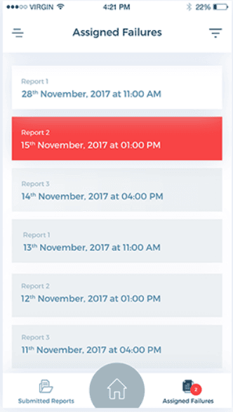 GainSafe assigned failures list with highlighted urgent report