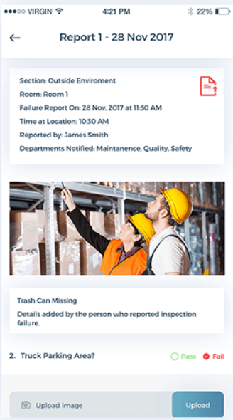 GainSafe failure report with photo evidence and pass/fail checklist