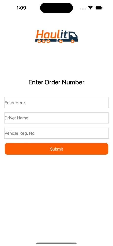 Haulit enter order number screen with driver name and vehicle registration