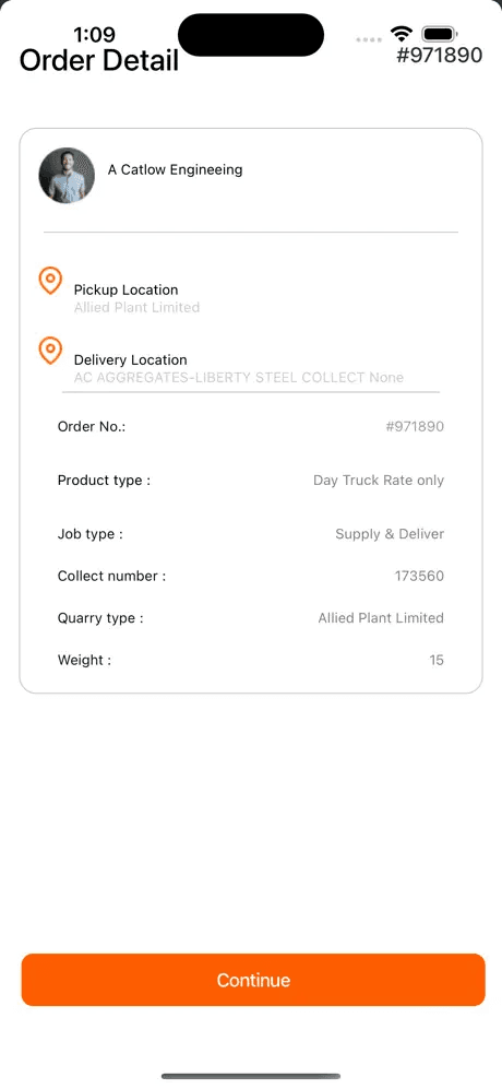 Haulit order detail with pickup, delivery site, product and weight