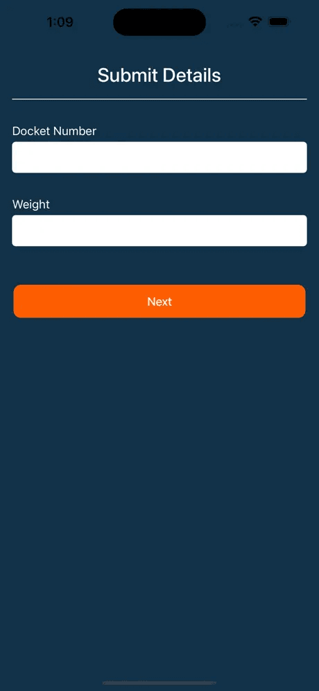 Haulit submit details screen for docket number and weight