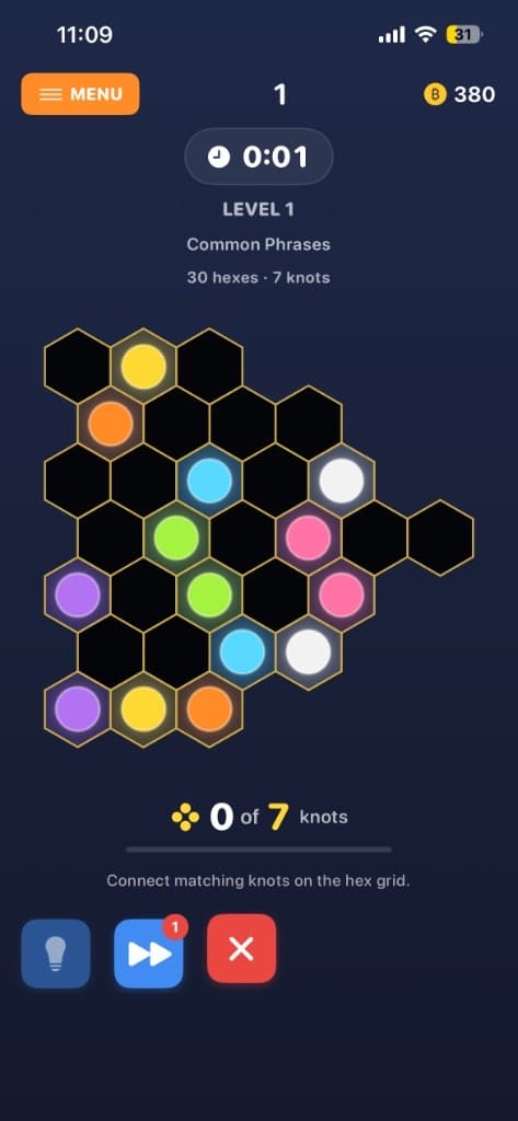 Hex knot puzzle level with matching colored knots on honeycomb grid