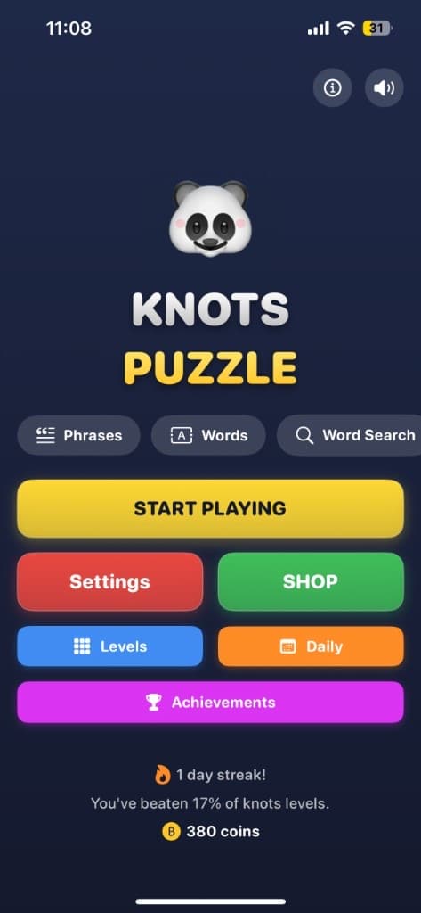 Word & Knot Puzzle home menu with modes, shop, and daily play on iPhone