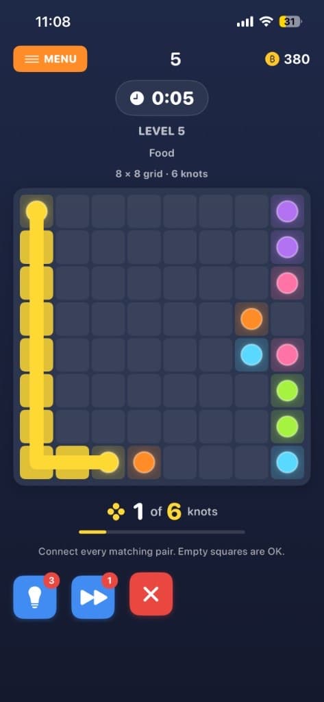 Square knot-flow puzzle connecting matching colored knots on iPhone