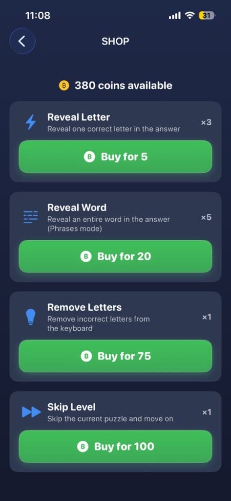 Word & Knot Puzzle shop with reveal letter, hints, and skip boosts